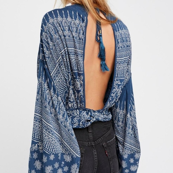Free People Flowy Boho Blue Long Sleeve Top - Picture 4 of 5